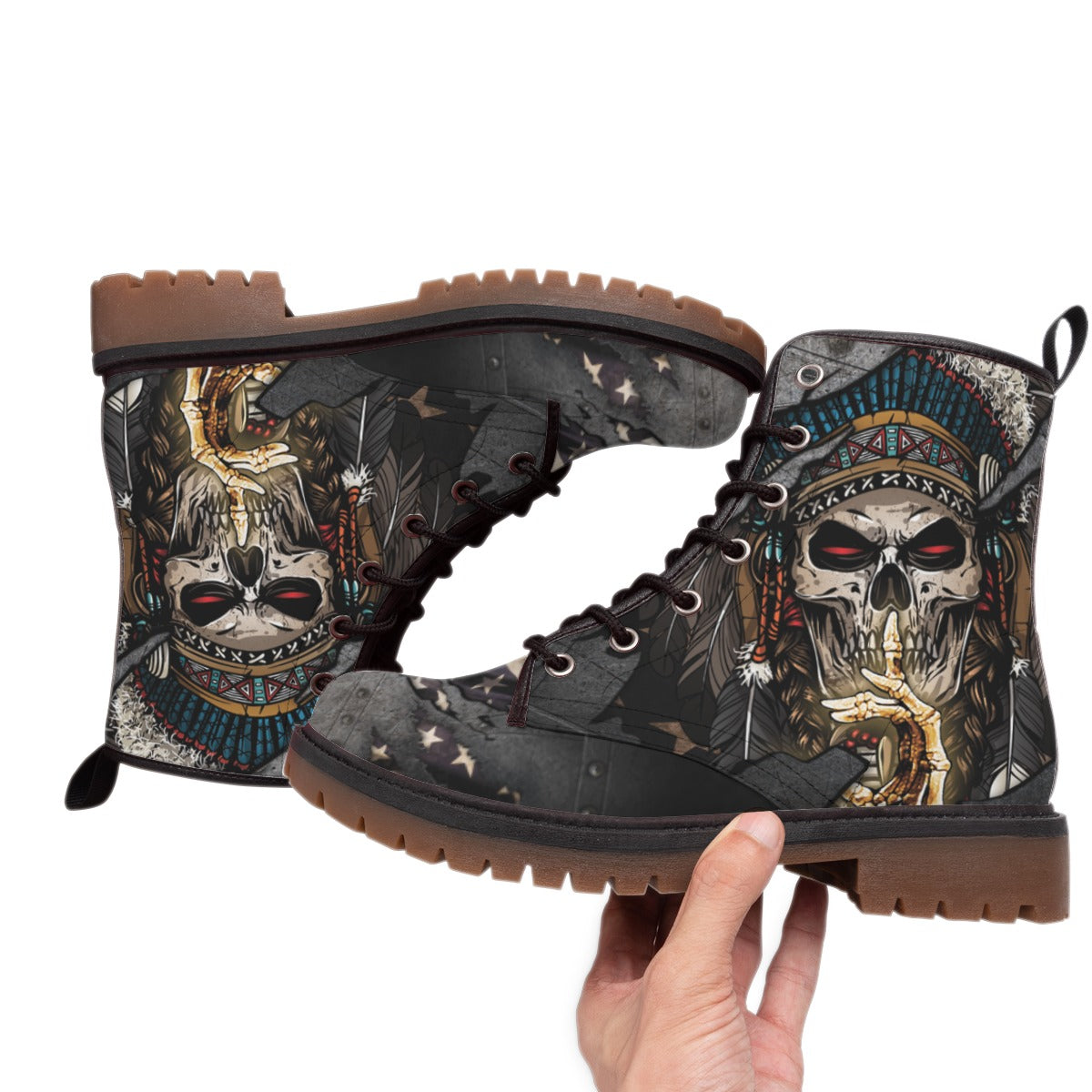 WelcomeNative Skull Flag American Native Leather Martin Short Boots