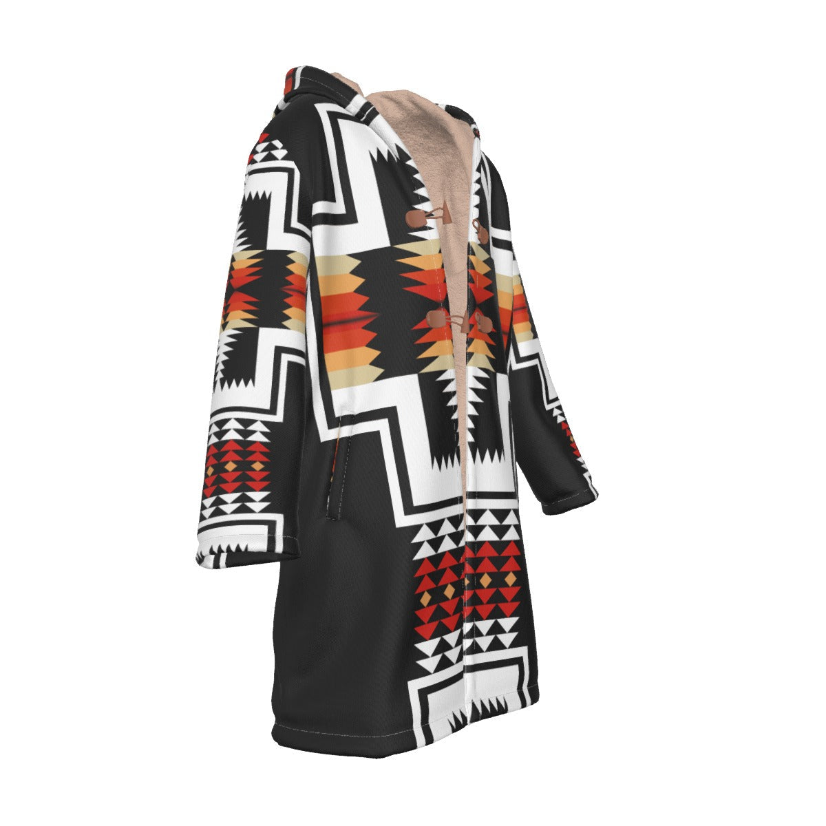 WelcomeNative Native American Horn Button Long Fleece Windbreaker, 3D Long Coat, All Over Print