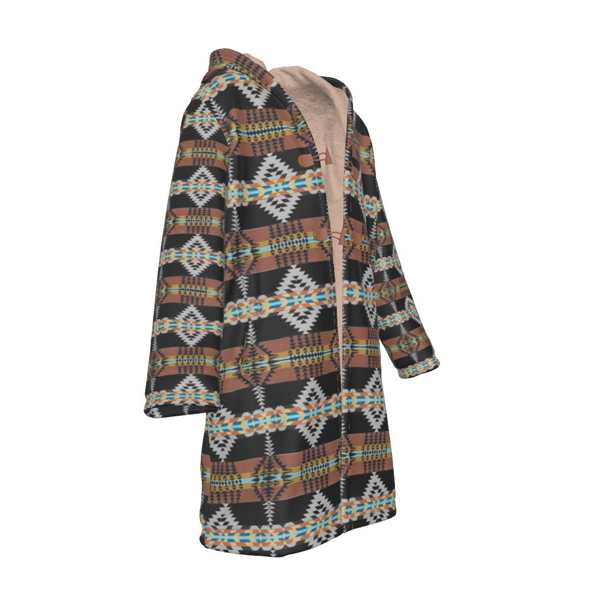 WelcomeNative Native American Horn Button Long Fleece Windbreaker, 3D Long Coat, All Over Print