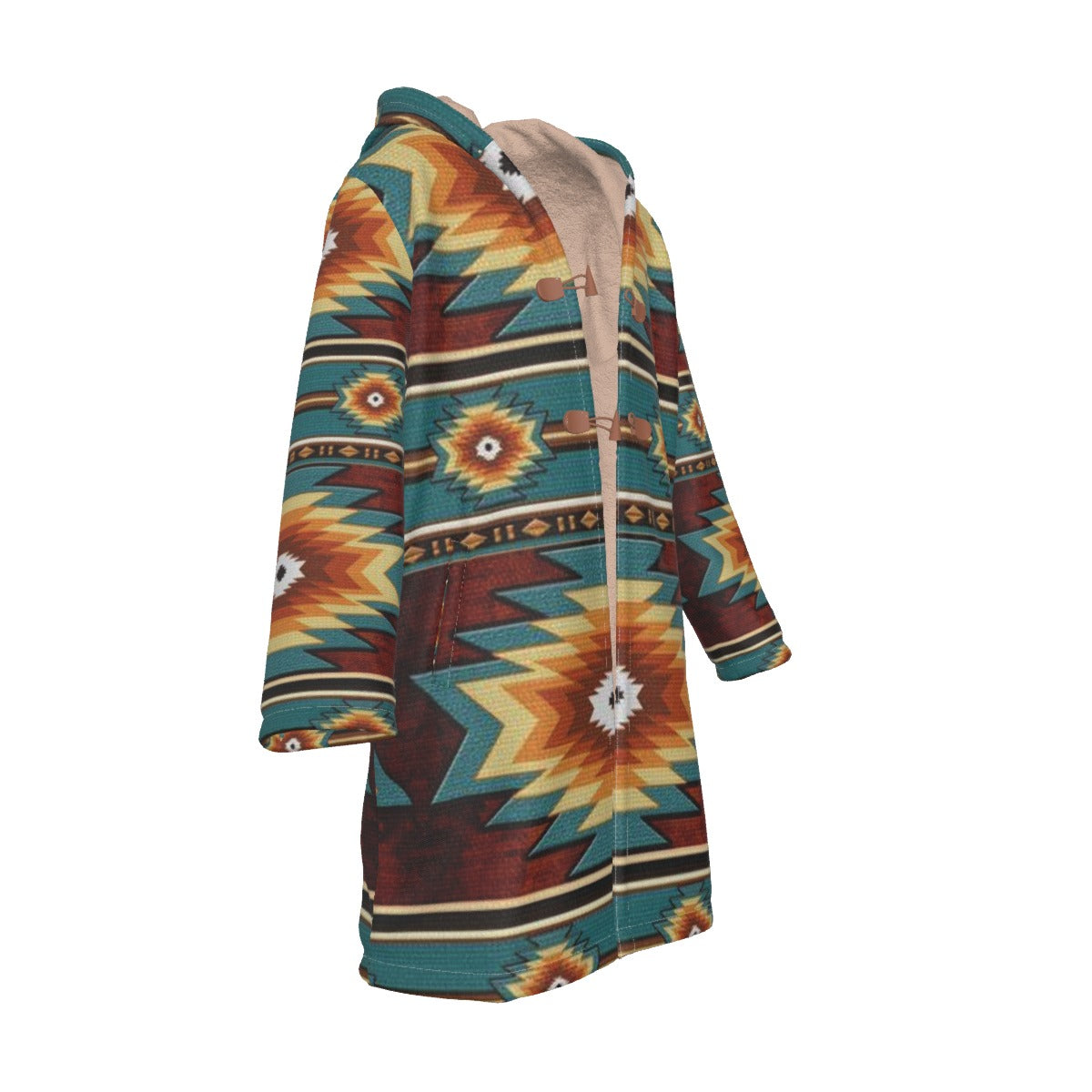 WelcomeNative Native American Horn Button Long Fleece Windbreaker, 3D Long Coat, All Over Print