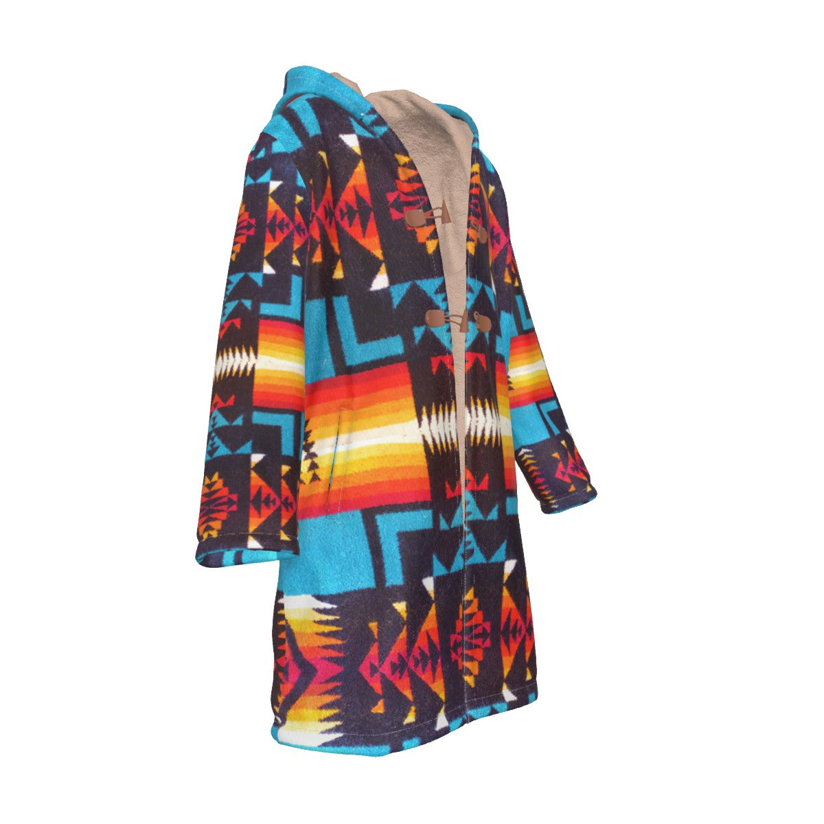 WelcomeNative Native American Horn Button Long Fleece Windbreaker, 3D Long Coat, All Over Print