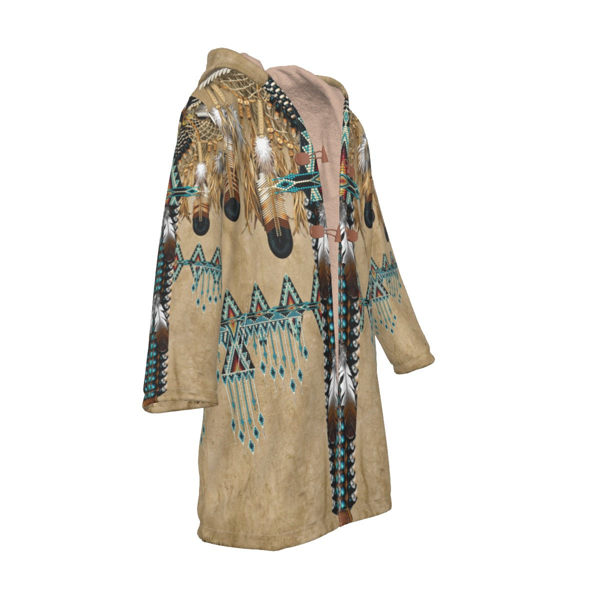 WelcomeNative Native American Horn Button Long Fleece Windbreaker, 3D Long Coat, All Over Print