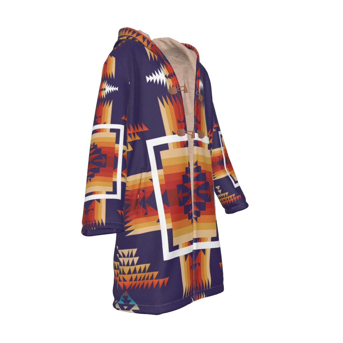 WelcomeNative Native American Horn Button Long Fleece Windbreaker, 3D Long Coat, All Over Print