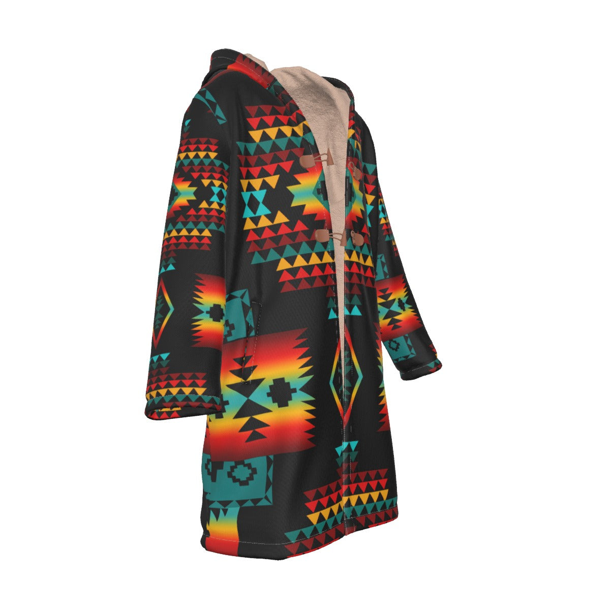 WelcomeNative Native American Horn Button Long Fleece Windbreaker, 3D Long Coat, All Over Print