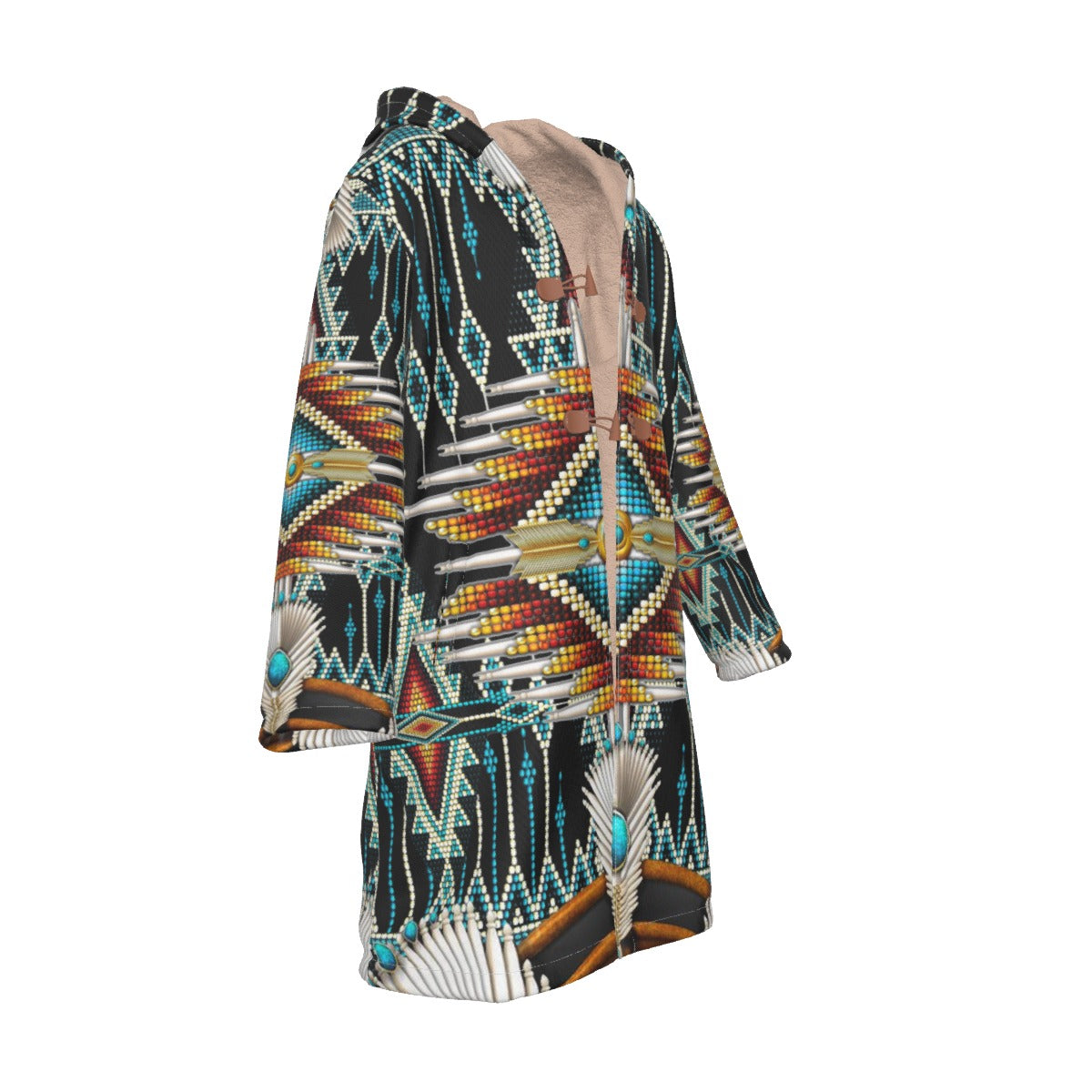 WelcomeNative Native American Horn Button Long Fleece Windbreaker, 3D Long Coat, All Over Print