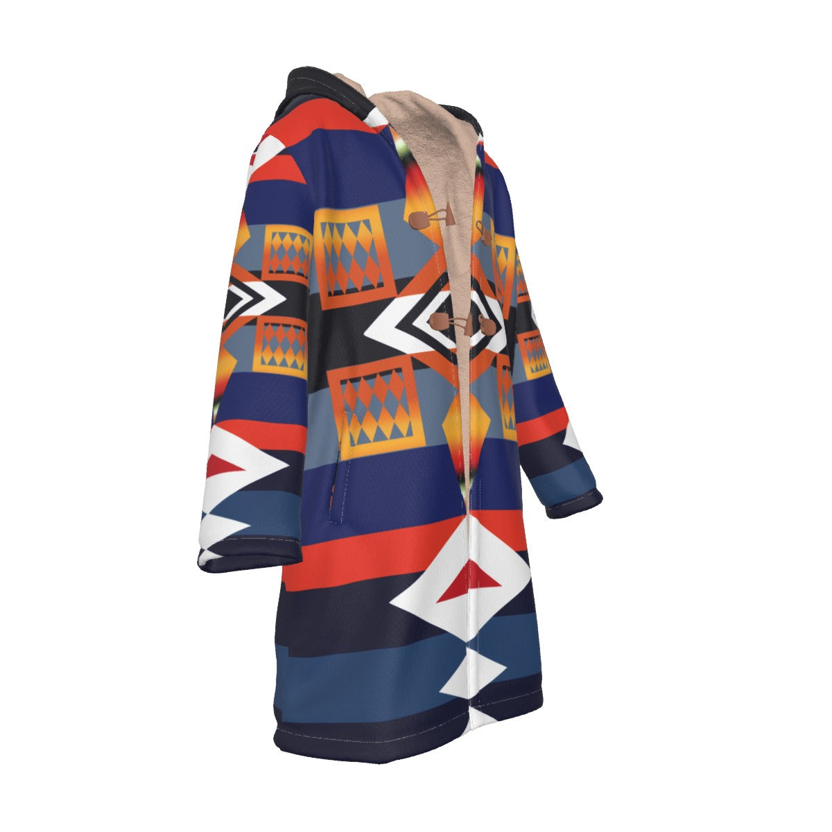 WelcomeNative Native American Horn Button Long Fleece Windbreaker, 3D Long Coat, All Over Print