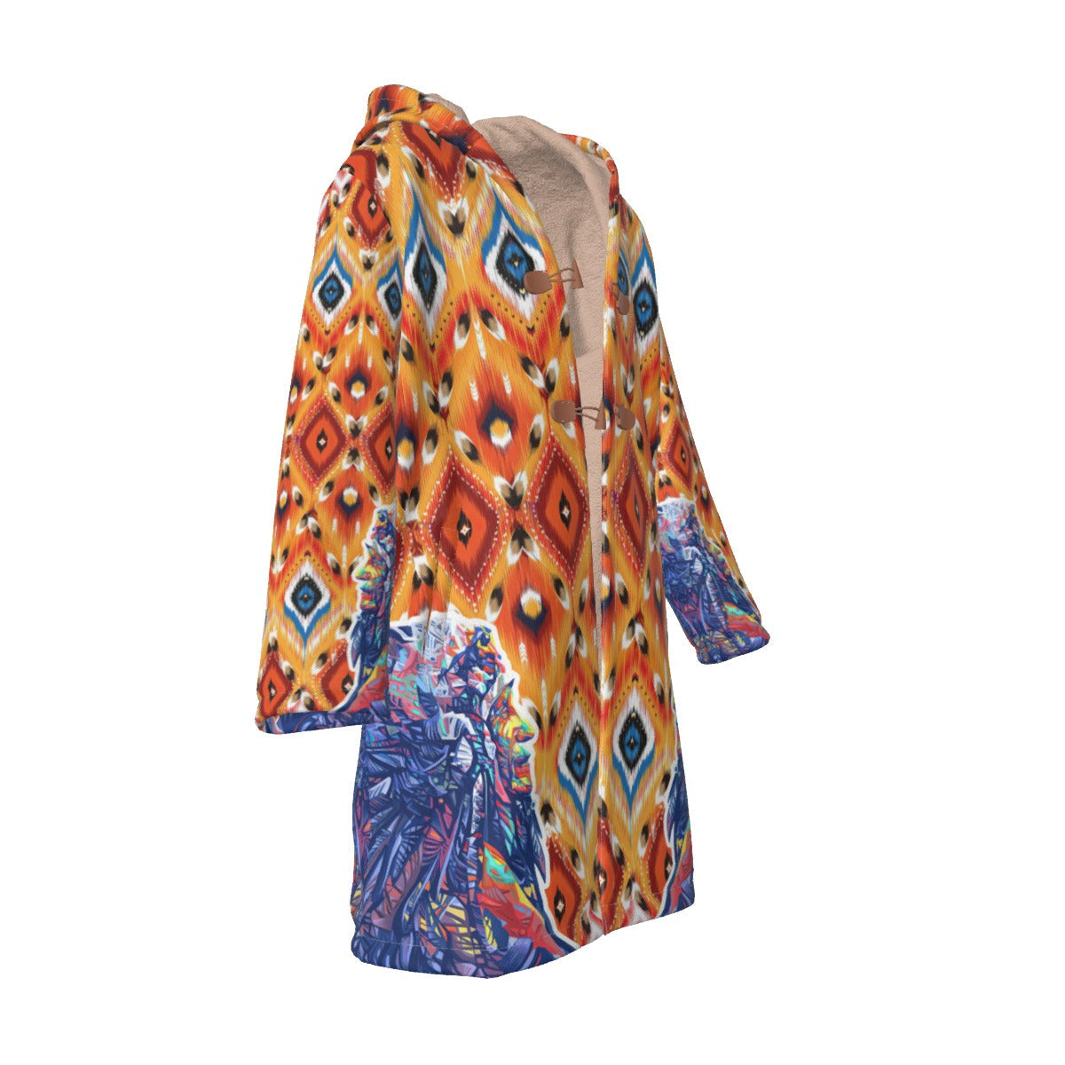 WelcomeNative Native American Horn Button Long Fleece Windbreaker, 3D Long Coat, All Over Print
