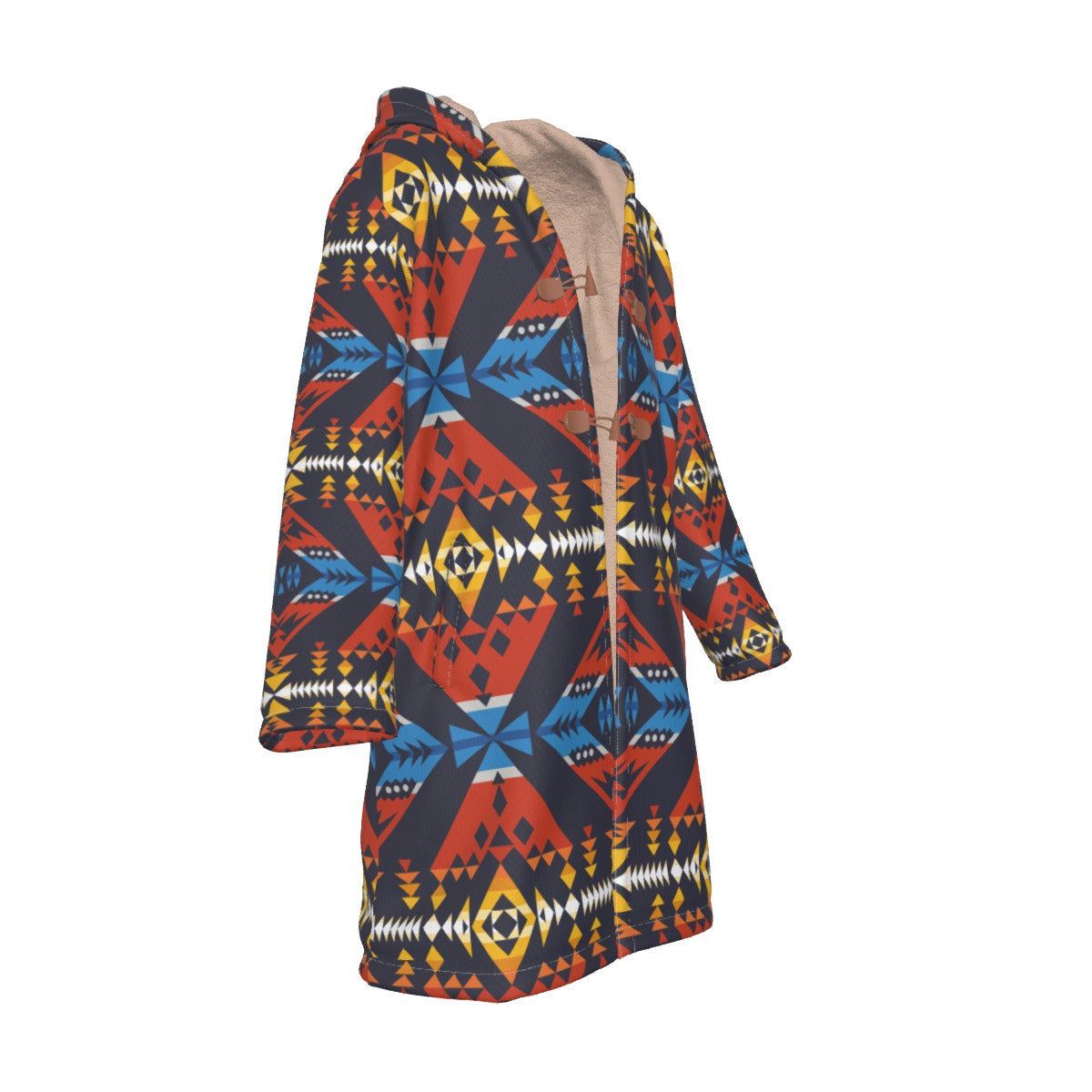 WelcomeNative Native American Horn Button Long Fleece Windbreaker, 3D Long Coat, All Over Print