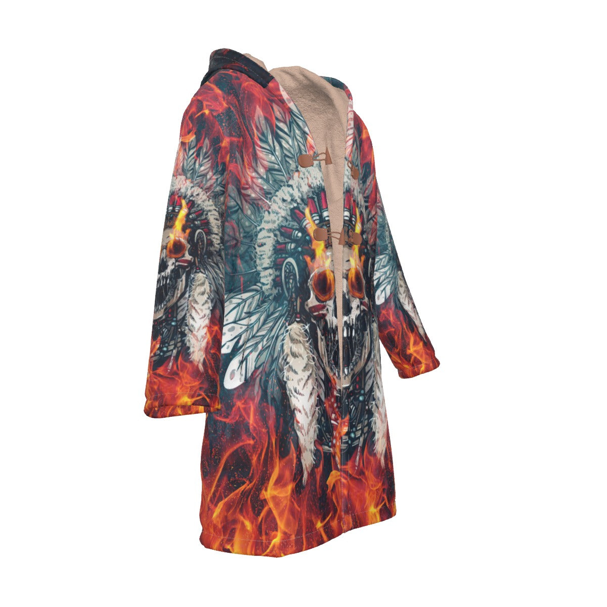 WelcomeNative Native American Horn Button Long Fleece Windbreaker, 3D Long Coat, All Over Print