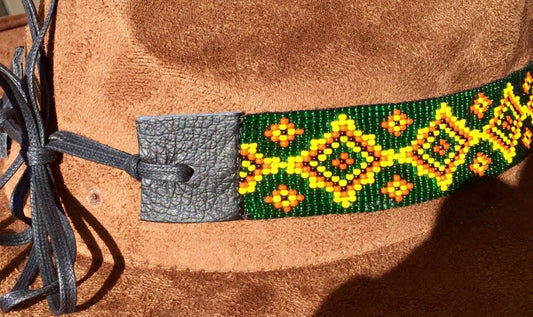 Green Yellow Bead Work Beaded Cowboy Hat Band/Belt - Welcome Native