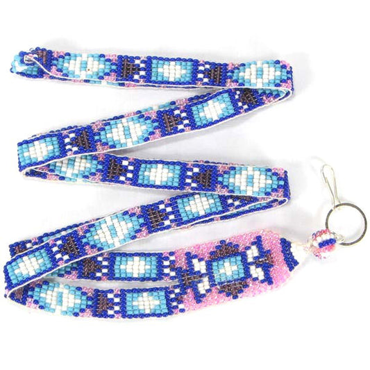Blue Pink White Brown Seed Beaded Lanyard Id Holder - Welcome Native