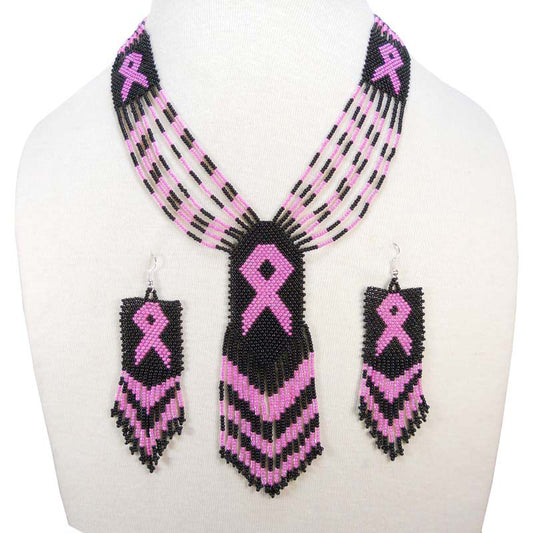 Black Seed Beads Pink Ribbon Cancer Awareness Beaded Necklace Earrings Set - Welcome Native