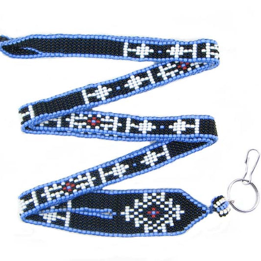 Black White Blue Seed Beaded Medicine Man'S Eye Beadwork Lanyard Id Holder - Welcome Native