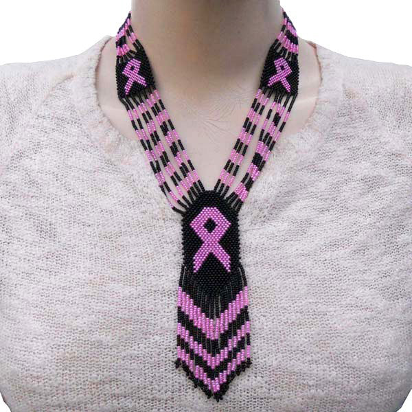 Black Seed Beads Pink Ribbon Cancer Awareness Beaded Necklace Earrings Set - Welcome Native