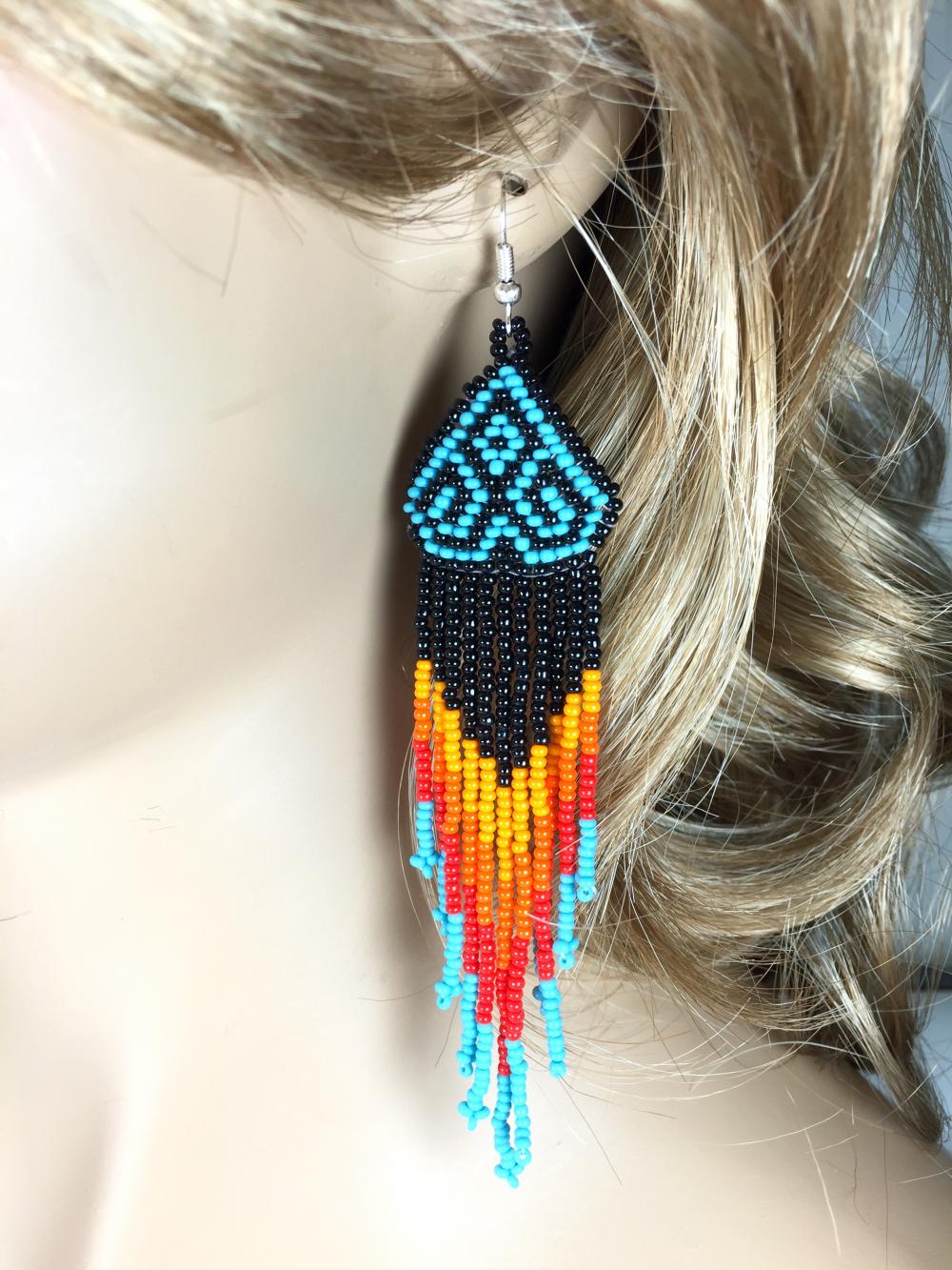 Black Multicolored Long Beaded Earrings- Welcome Native