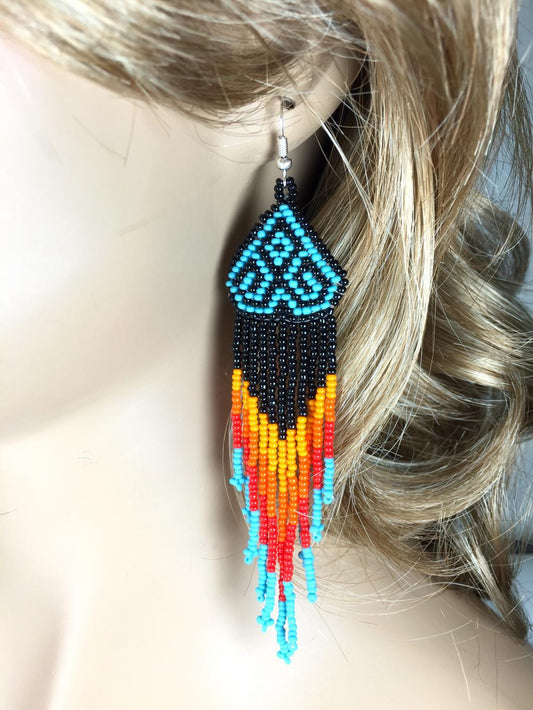 Black Multicolored Long Beaded Earrings- Welcome Native