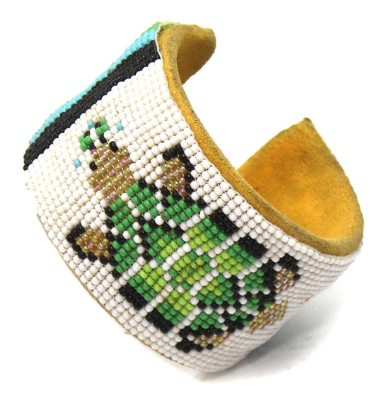 WelcomeNative Handmade Beaded White Green Turtle Pattern Leather Bracelet