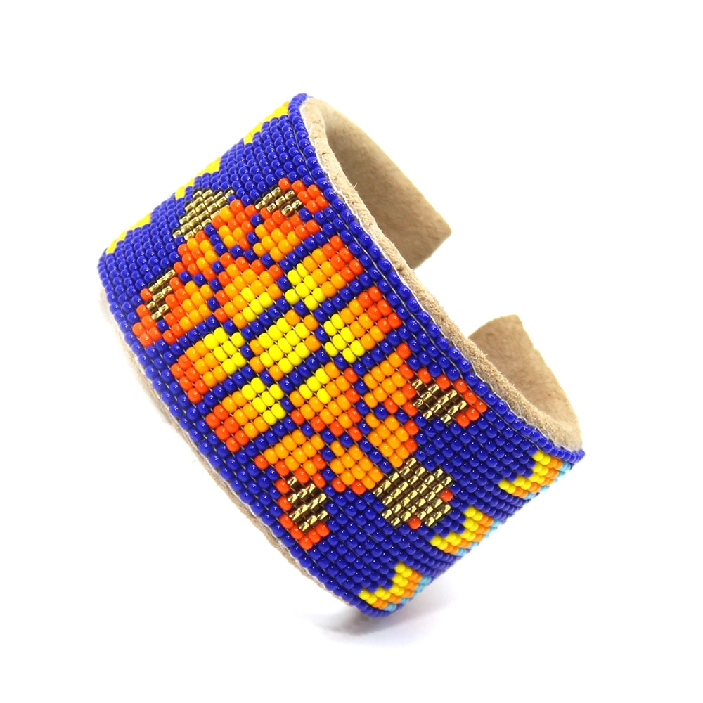 Blue Orange Turtle Seed Bead Bracelet Hard Cuff Wide Leather - Beaded Bracelets - Welcome Native