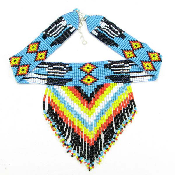 WelcomeNative Handmade beaded Blue Black Medicine Man's Eye Bib Necklace