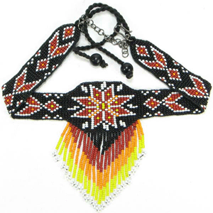 WelcomeNative Black Brown Fire Pattern Star Seed Beaded Bib Necklace