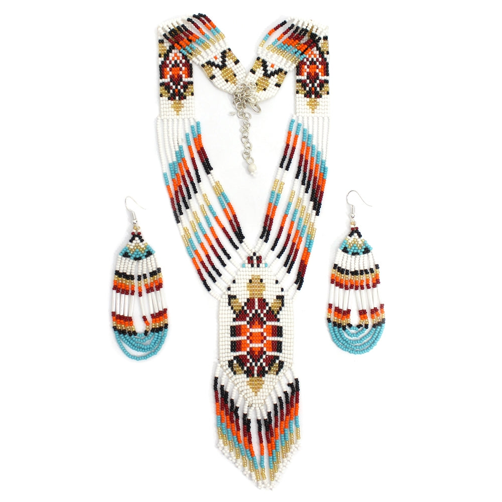 WelcomeNative Handmade Beaded Turtle Deep Green, Orange Necklace Earrings set