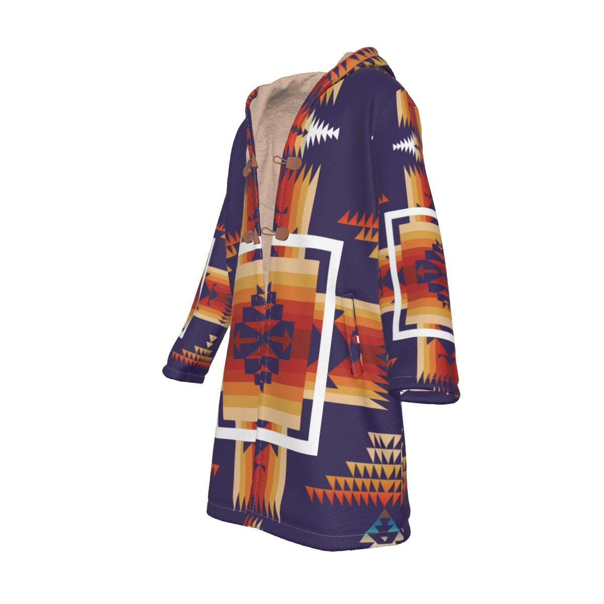WelcomeNative Native American Horn Button Long Fleece Windbreaker, 3D Long Coat, All Over Print