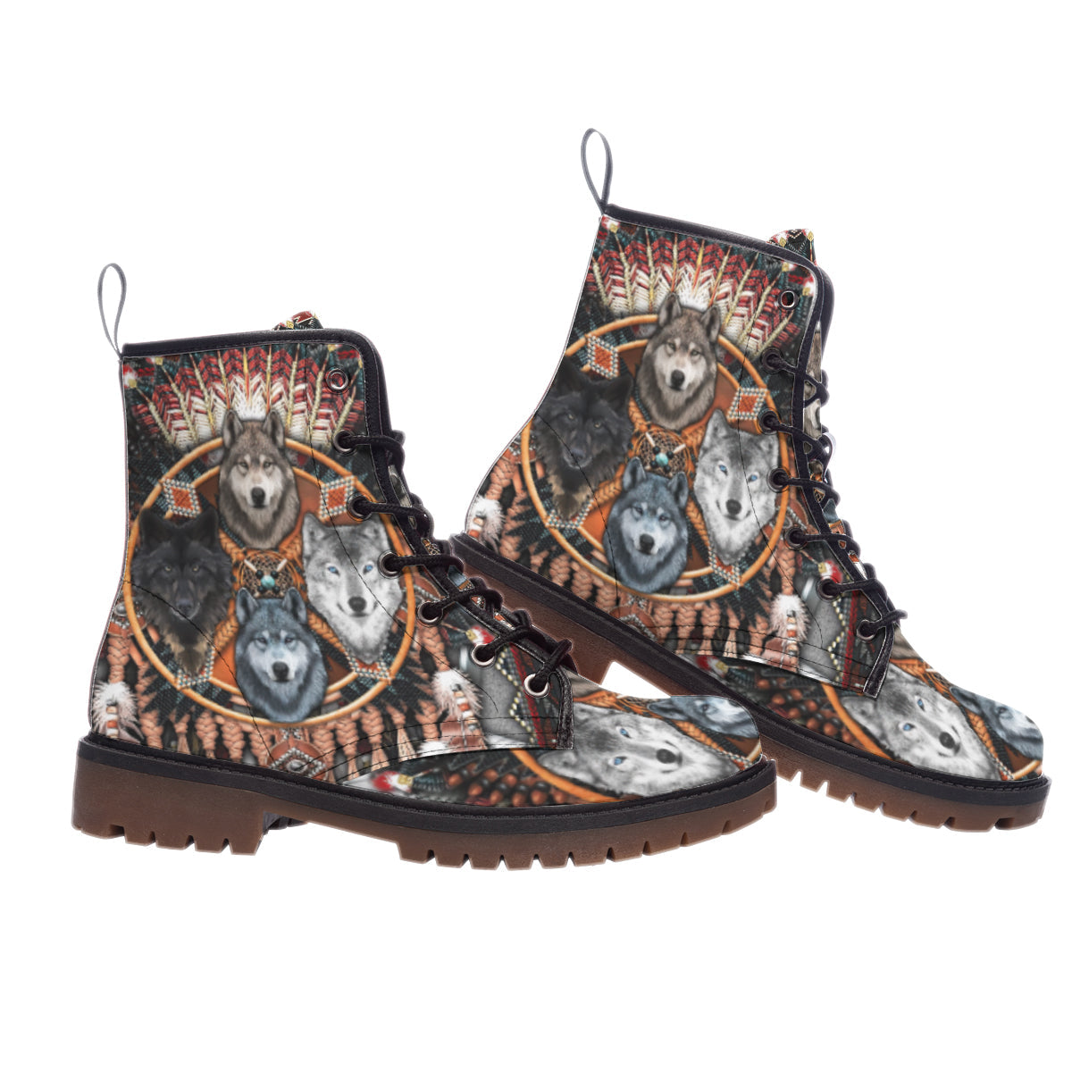 WelcomeNative Wolf Pattern Leather Martin Short Boots