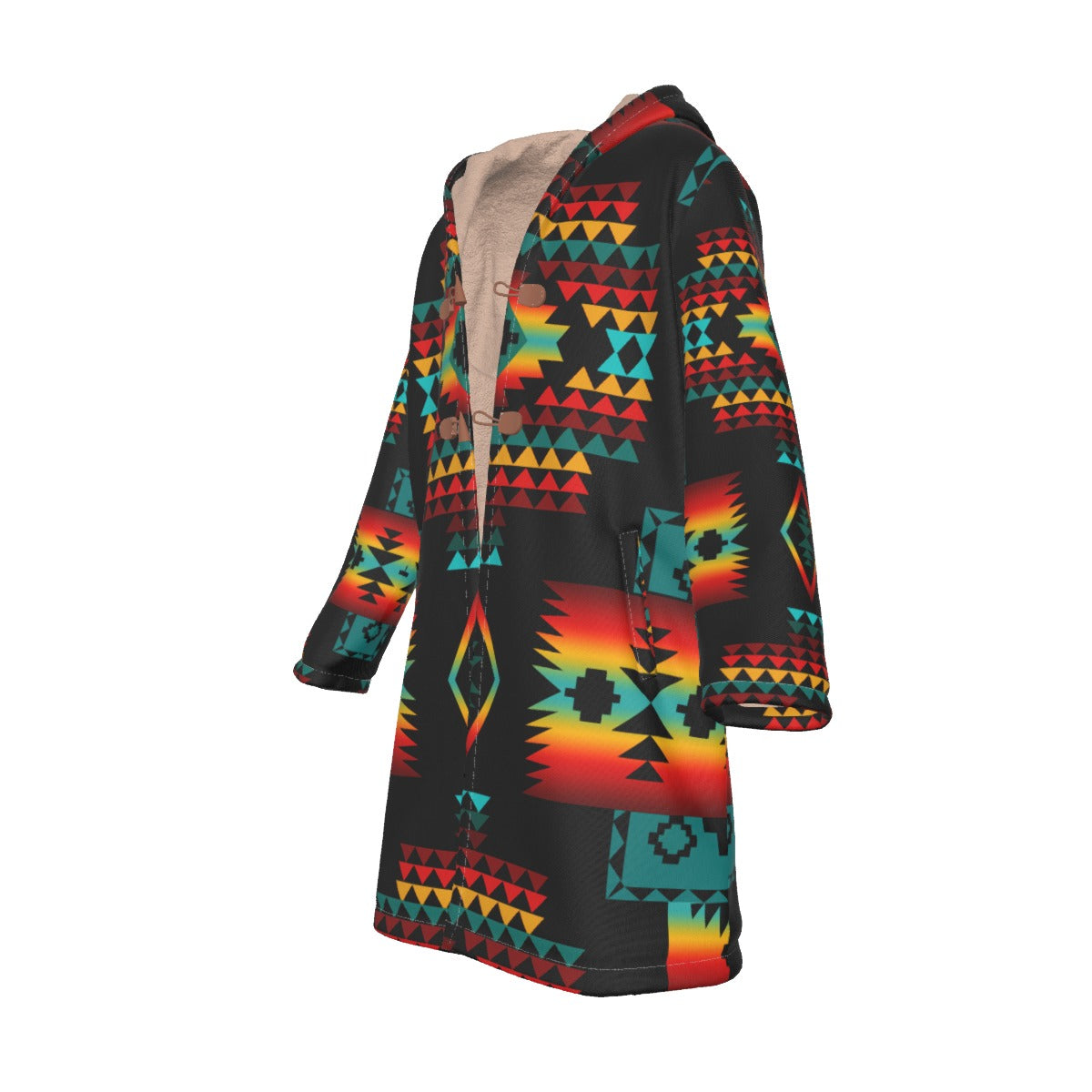 WelcomeNative Native American Horn Button Long Fleece Windbreaker, 3D Long Coat, All Over Print