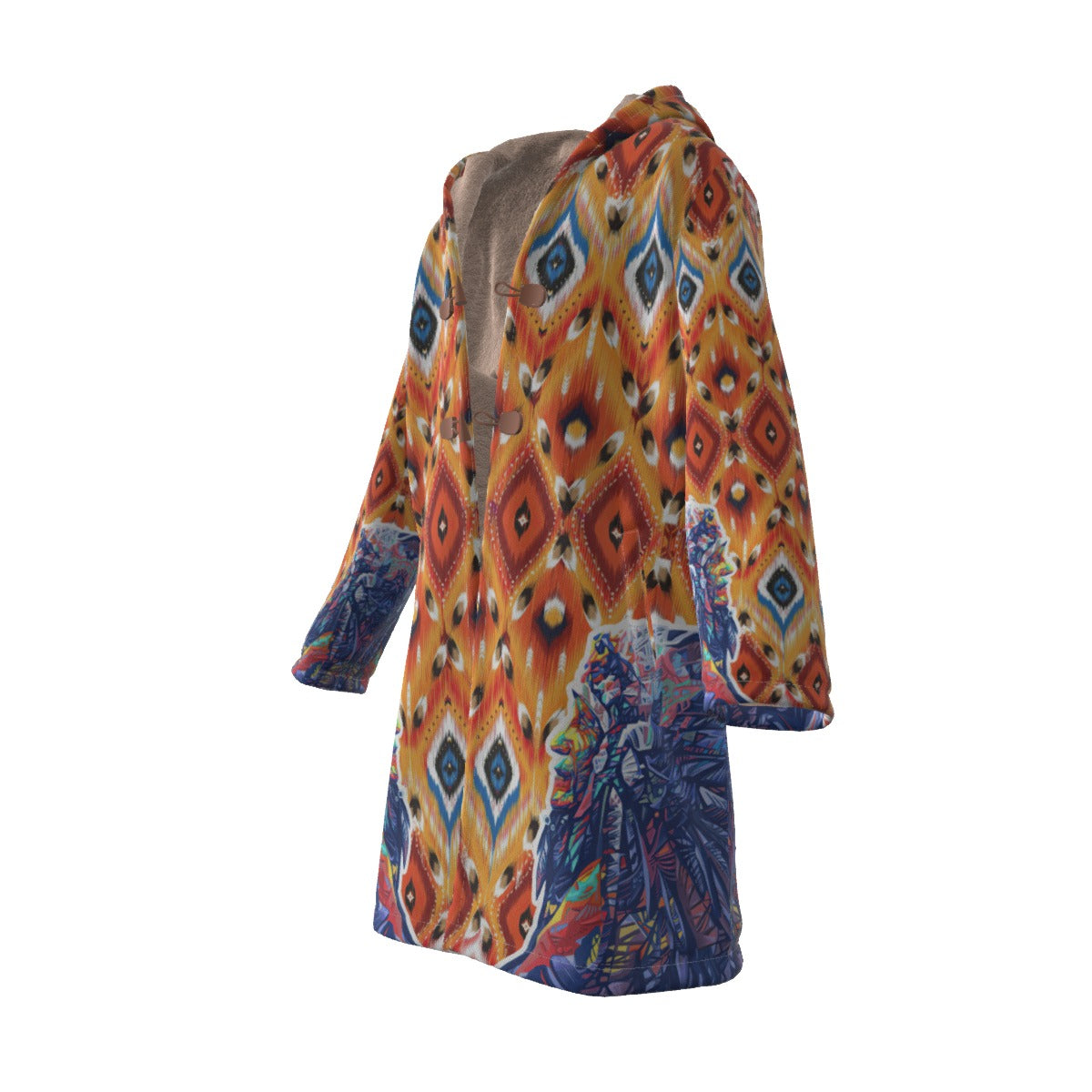 WelcomeNative Native American Horn Button Long Fleece Windbreaker, 3D Long Coat, All Over Print