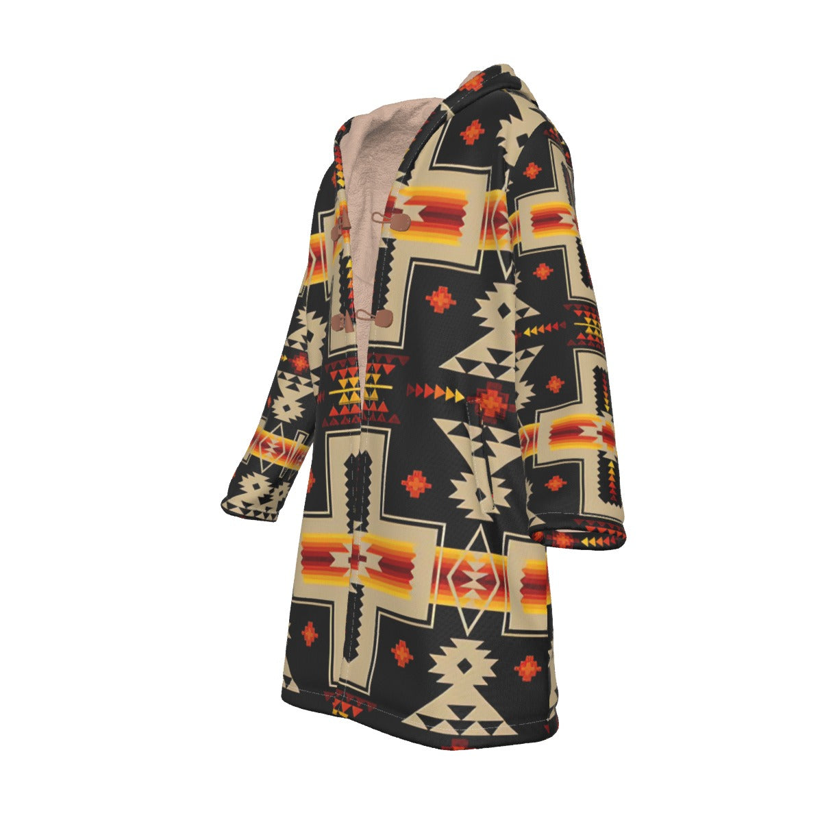 WelcomeNative Native American Horn Button Long Fleece Windbreaker, 3D Long Coat, All Over Print