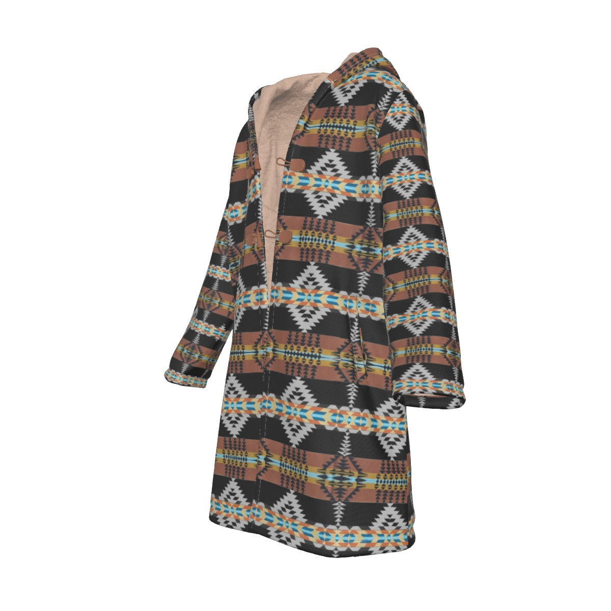 WelcomeNative Native American Horn Button Long Fleece Windbreaker, 3D Long Coat, All Over Print