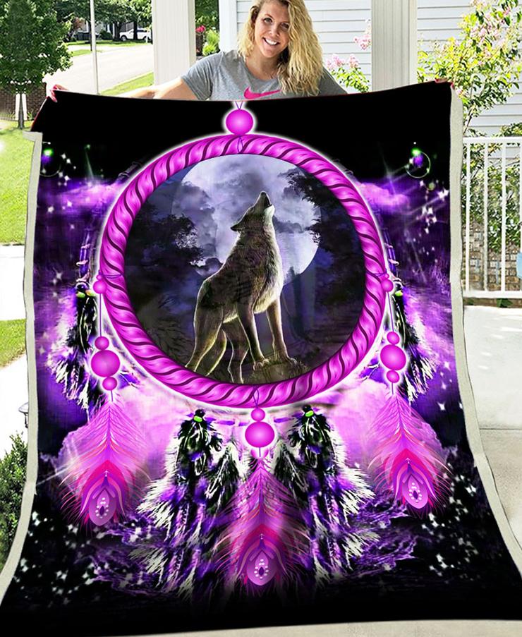 WelcomeNative Purple Wolf Dream Fleece Blanket, 3D Fleece Blanket, All Over Print, Native American