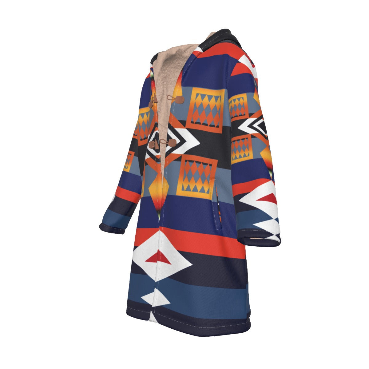 WelcomeNative Native American Horn Button Long Fleece Windbreaker, 3D Long Coat, All Over Print