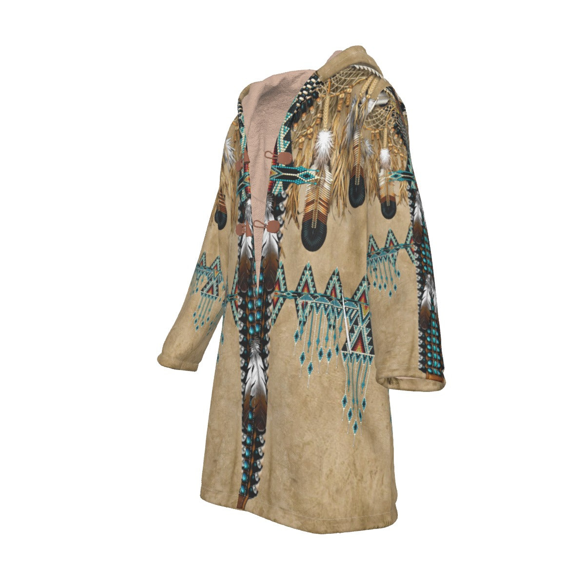 WelcomeNative Native American Horn Button Long Fleece Windbreaker, 3D Long Coat, All Over Print