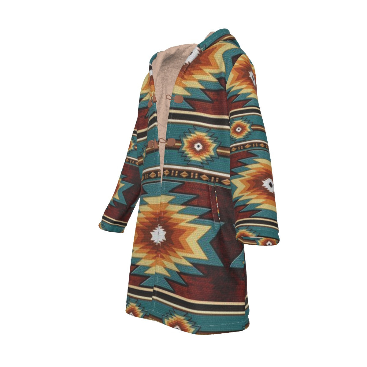 WelcomeNative Native American Horn Button Long Fleece Windbreaker, 3D Long Coat, All Over Print