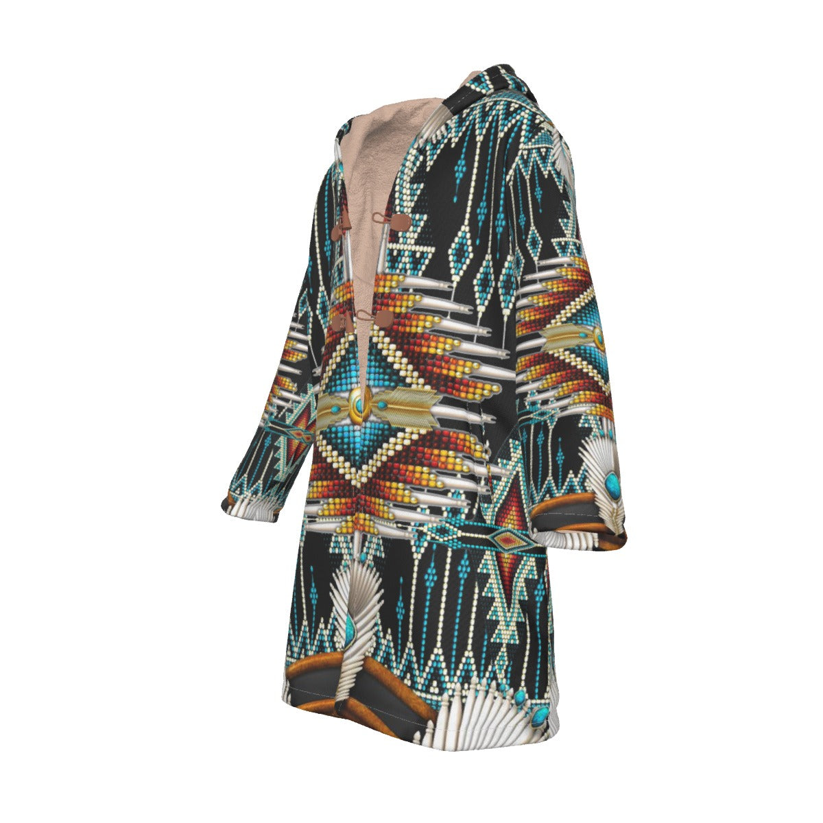 WelcomeNative Native American Horn Button Long Fleece Windbreaker, 3D Long Coat, All Over Print