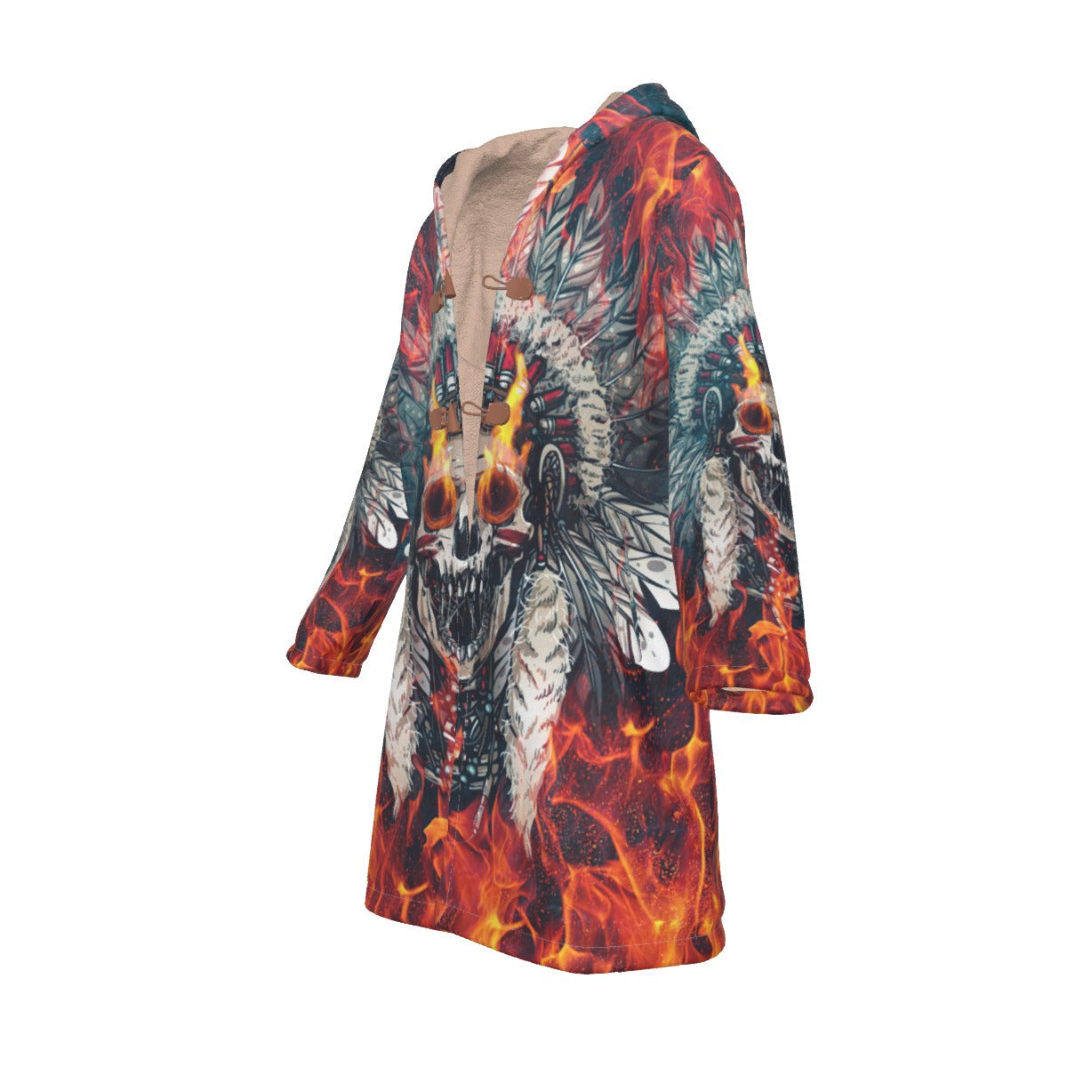 WelcomeNative Native American Horn Button Long Fleece Windbreaker, 3D Long Coat, All Over Print