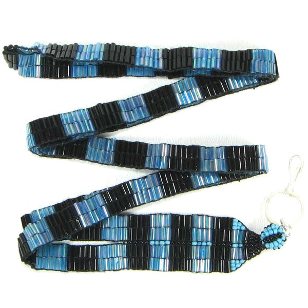 Black Shine Blue Bugle Beads Beaded Lanyard Id Holder Handmade - Welcome Native
