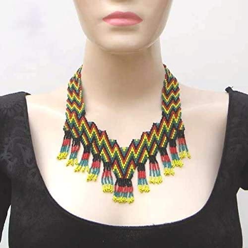 WelcomeNative Handmade Black RED SEA Green Yellow Original Beaded Medallion Necklace Beadwork