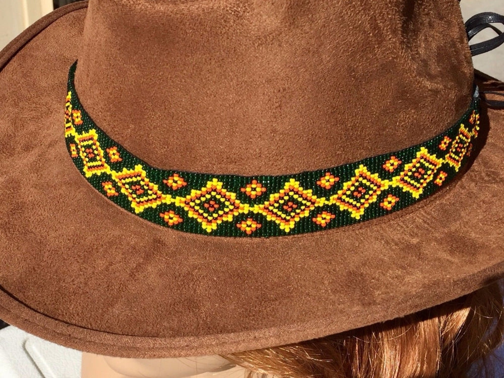 Green Yellow Bead Work Beaded Cowboy Hat Band/Belt - Welcome Native