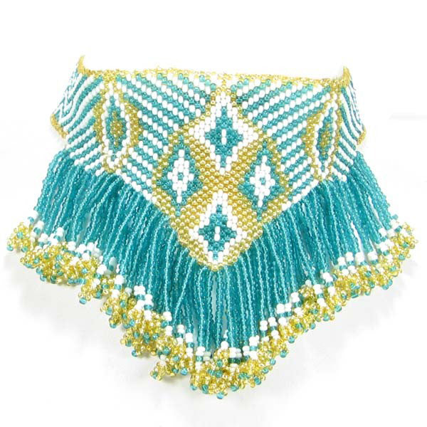 Green Gold Eye Beaded Choker Bib Necklace Beaded Jewelry Handmade - Welcome Native
