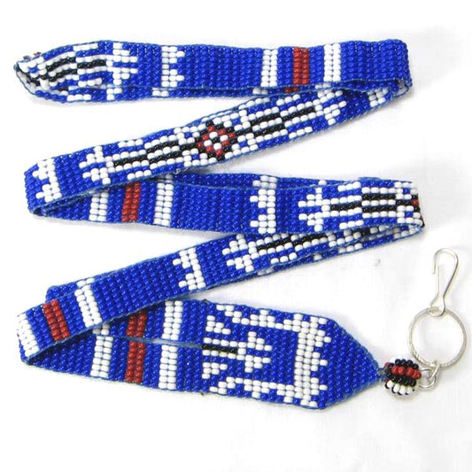 Blue White Brown Seed Beaded Lanyard Id Holder Beadwork - Welcome Native