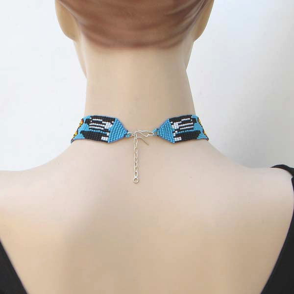 WelcomeNative Handmade beaded Blue Black Medicine Man's Eye Bib Necklace