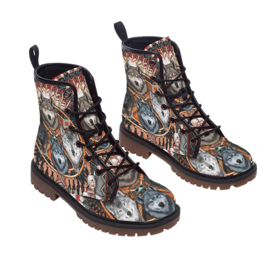 WelcomeNative Wolf Pattern Leather Martin Short Boots