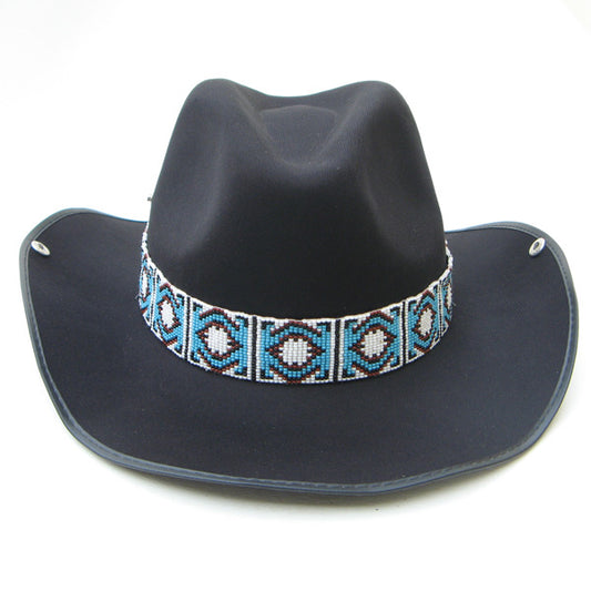 Blue Brown White Seed Beaded Cowboy Hat Band Medicine Man'S Eye Beadwork - Welcome Native