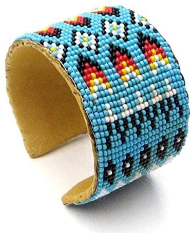WelcomeNative Handmade Beaded Indian Jewelry Seed Turquoise Blue Hard Cuff Leather Bracelet Unisex