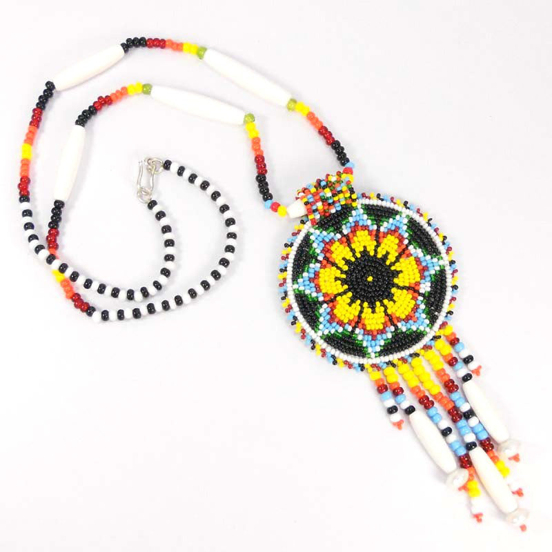 Black Yellow Seed Bead Long Star Medallion Handmade Necklace Earrings Set  - Welcome Native