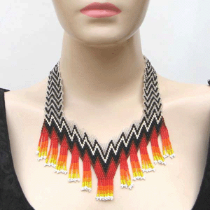 Handmade Beaded Black Fire Pattern Seed Bead Necklace - Welcome Native