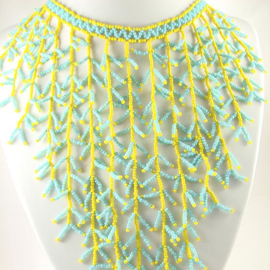 Blue Yellow Seed Beaded Frost Beadwork Necklace - Welcome Native