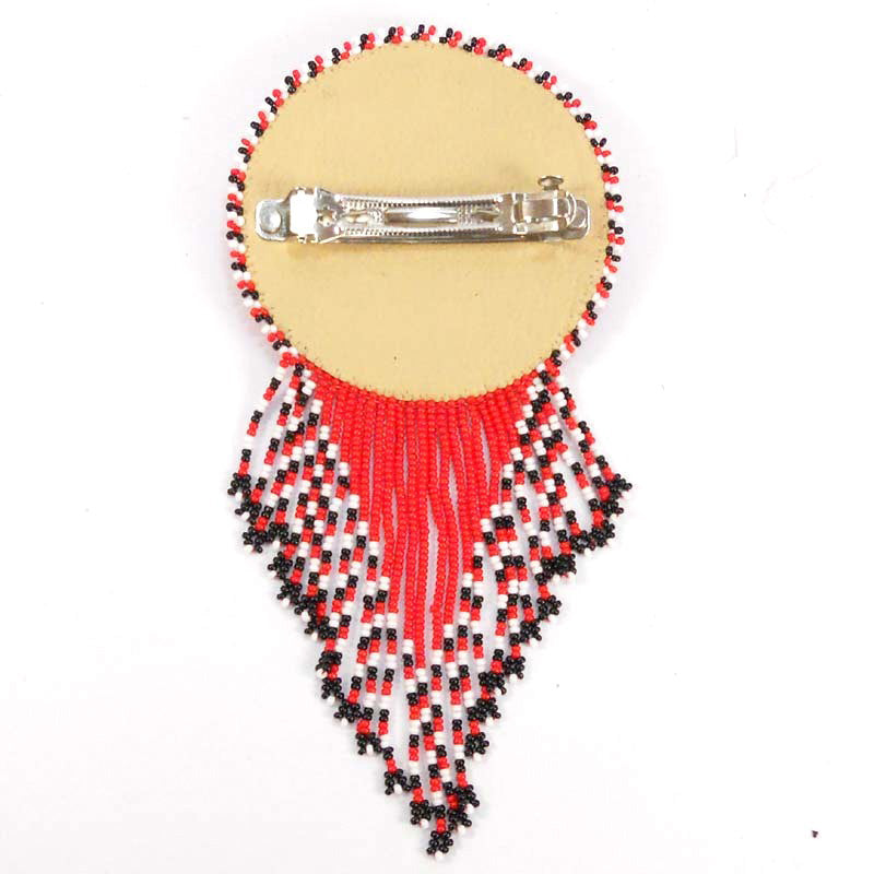 Beaded Barrette French Clip Red Turtle Medallion With Fringe - Beaded Hair Accessories - Welcome Native